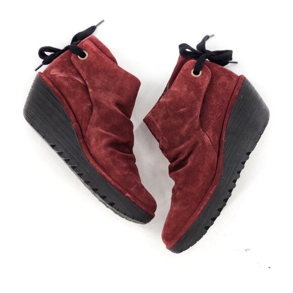 Fly London Womens Red Suede Wedge Ankle Boots Size 35 5 With Lace Detail - Picture 3 of 7